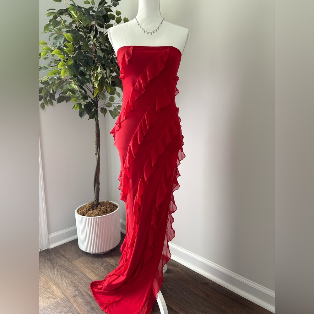 Oh Polly Strapless Red Ruffle Dress
